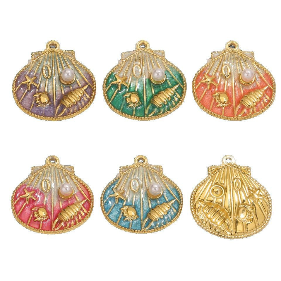Vacuum-Plated Stainless Steel Gradient Enamel Seashell Pendant