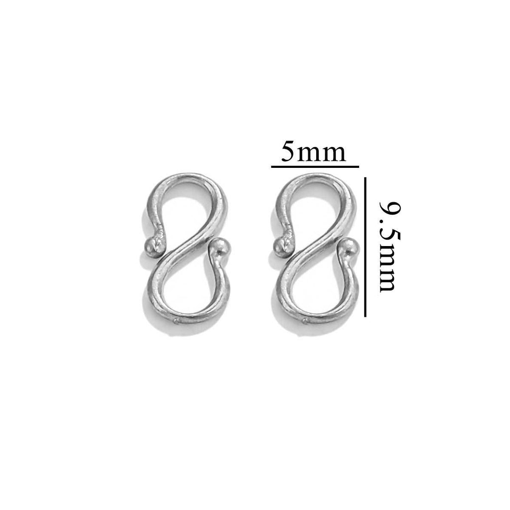 Two silver S-shaped hook clasps with 5mm by 9.5mm measurements on a white background.