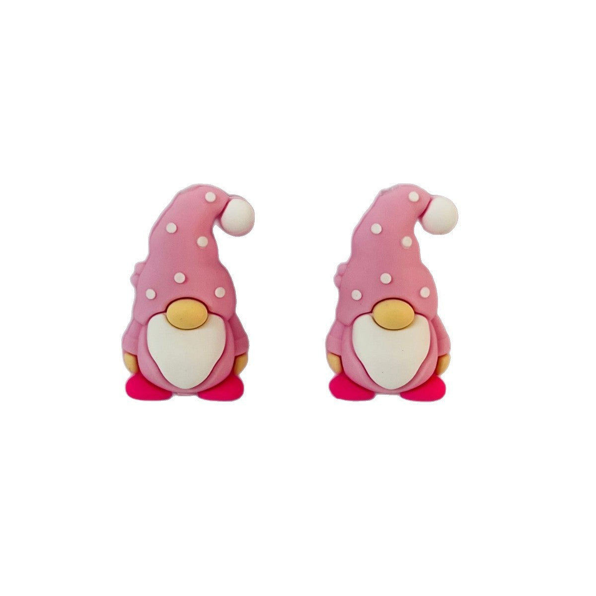 Pair of pink gnome silicone focal beads with white polka dots, white beards and pink shoes