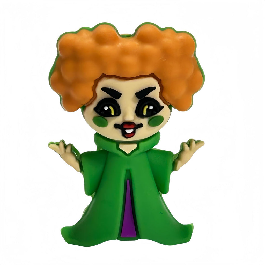 Cartoon witch silicone focal bead with orange curly hair and green dress