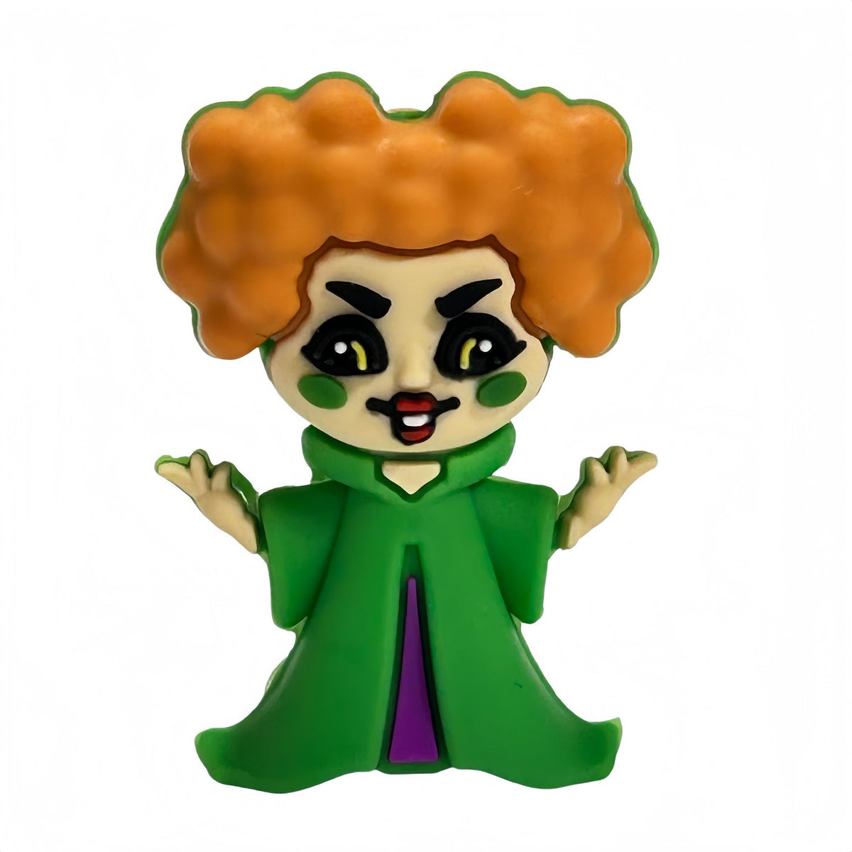 Cartoon witch silicone focal bead with orange curly hair and green dress