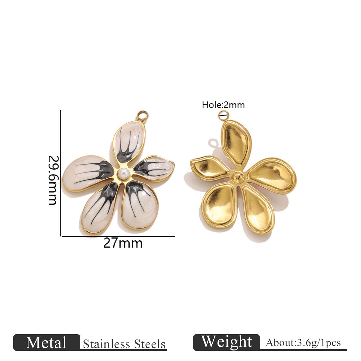 Two gold-toned flower pendant charms, one with black and white enamel petals and pearl center, 29.6mm by 27mm