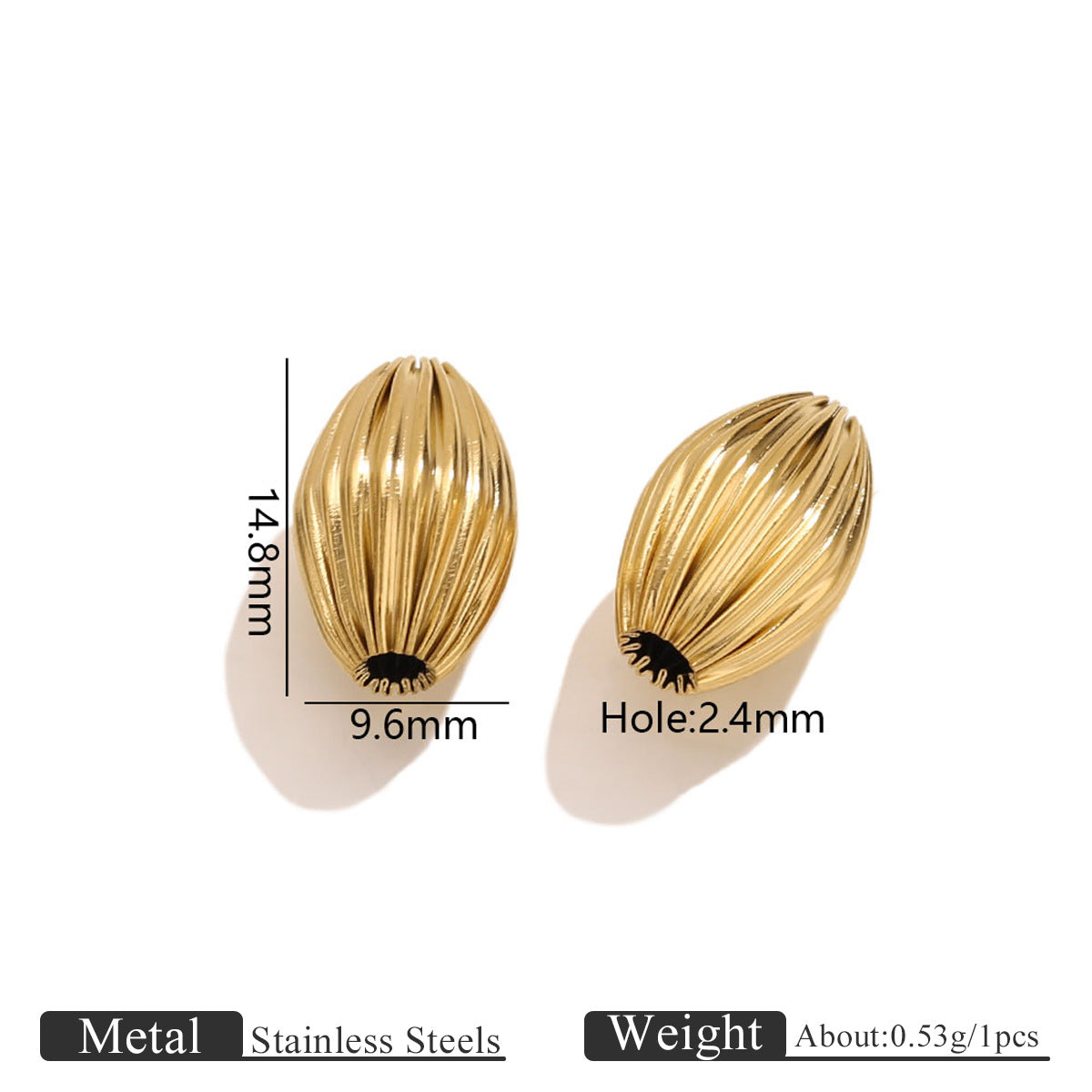 18K Gold-Plated Stainless Steel Ribbed Teardrop Spacer Beads 10pcs