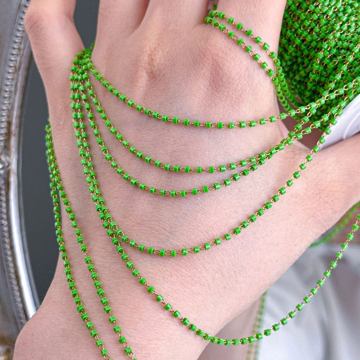 Mini Green Rice Bead Fringe Stainless Steel Chain – 18 Meters