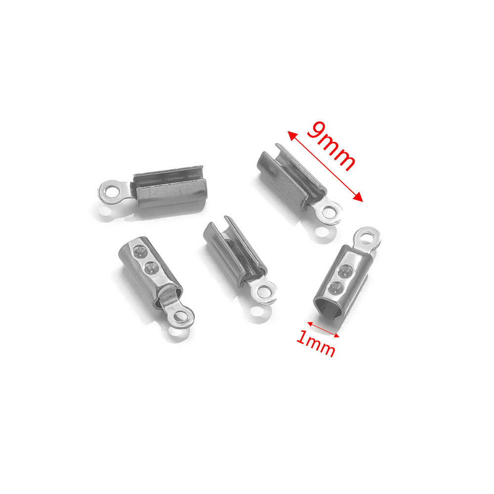 Five silver-tone barrel cord-end connectors with loop ends on white, annotated with 9mm length and 1mm width