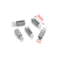 Five silver-tone barrel cord-end connectors with loop ends on white, annotated with 9mm length and 1mm width