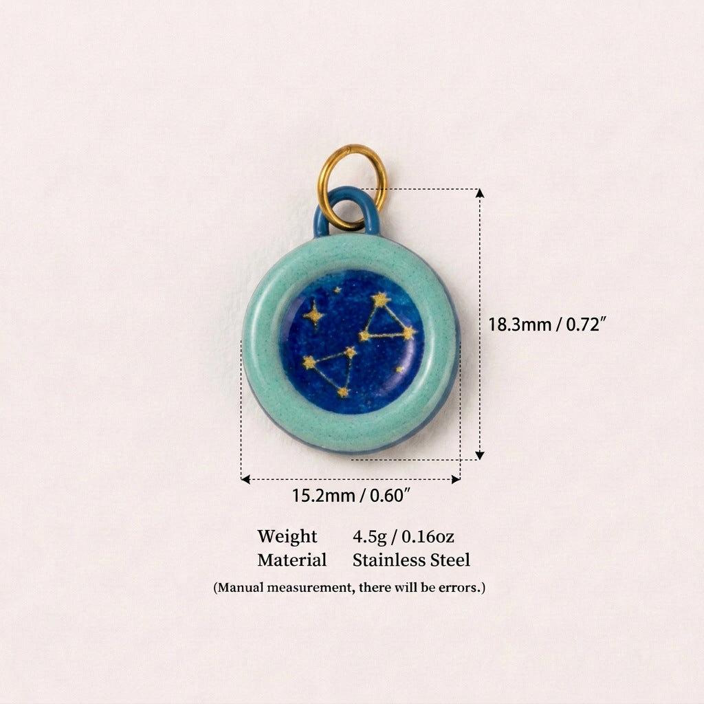 Round turquoise pendant charm with blue starry night design, shown with size measurements.