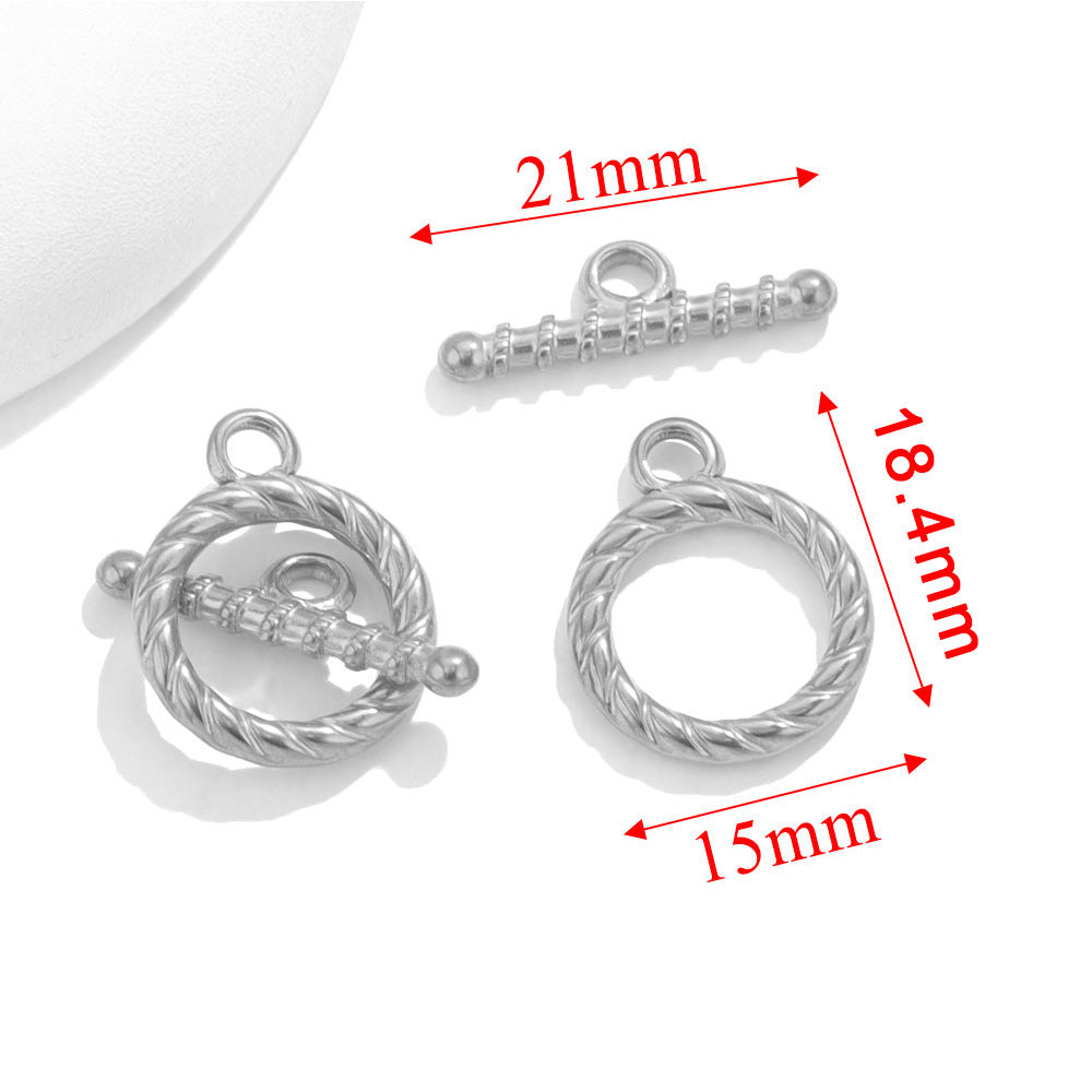 Steel twisted-rope round toggle clasps with red dimension arrows showing 21mm, 18.4mm, and 15mm on white background