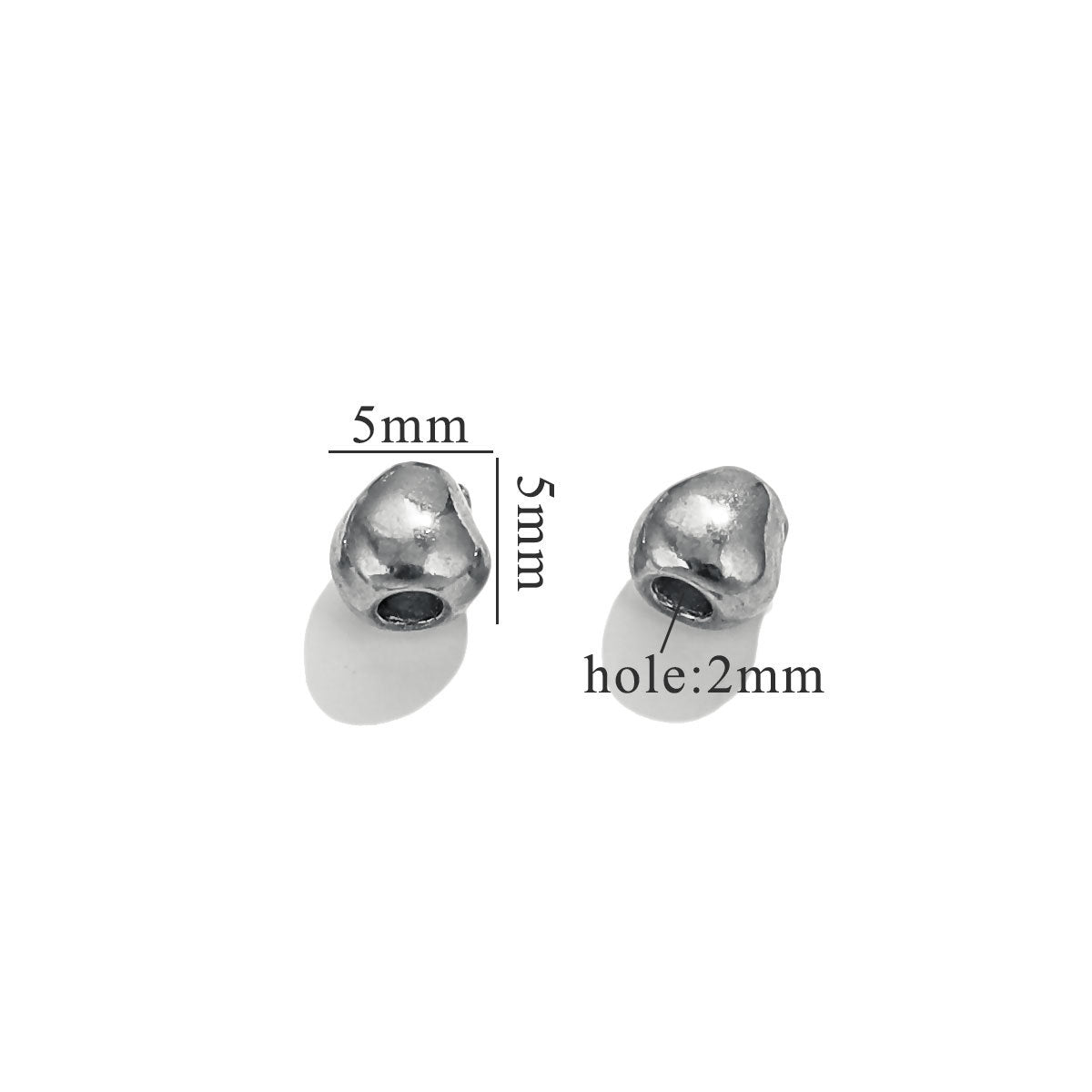 Two small steel-color baroque bead charms with dimension labels on white background