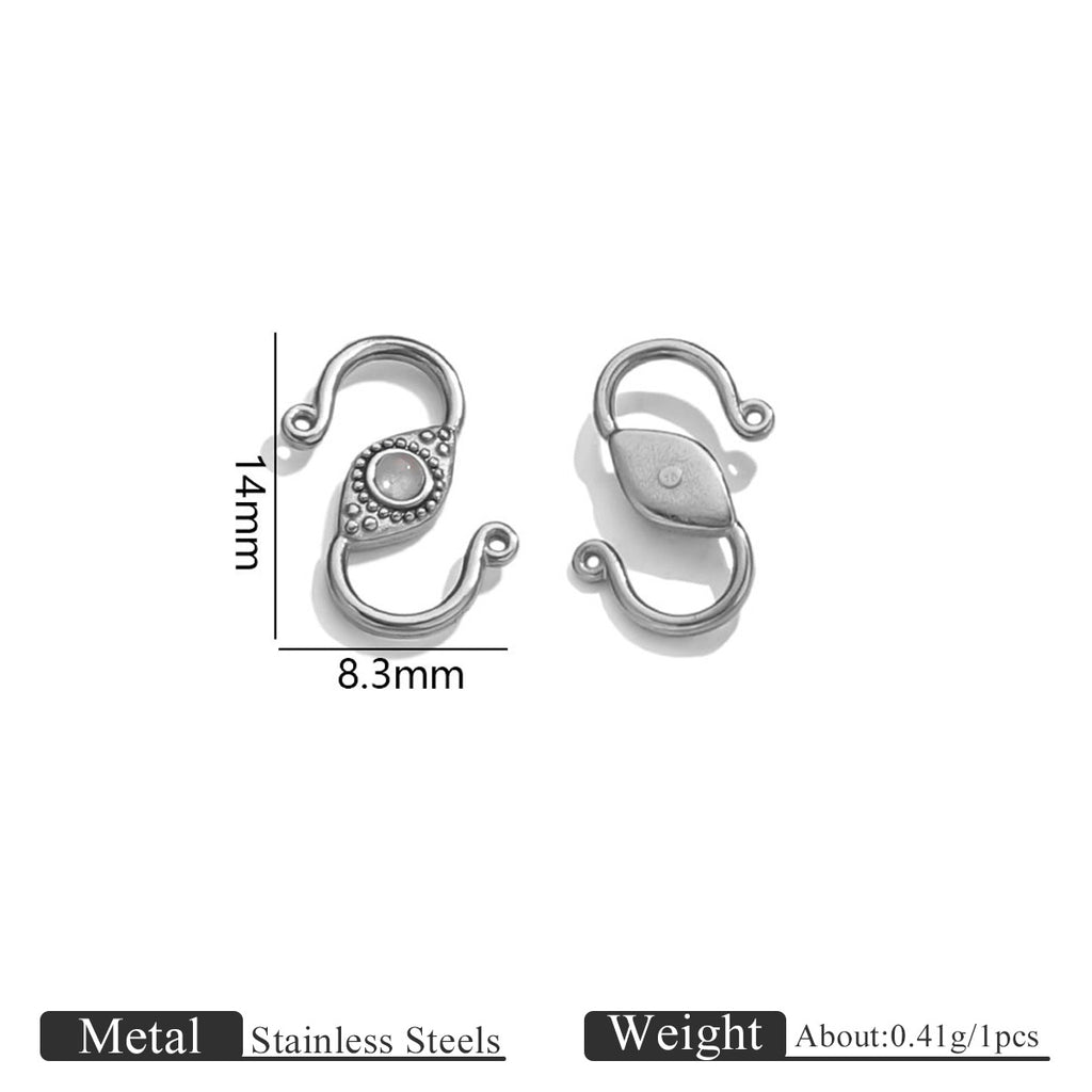 Silver stainless steel S-hook clasp with clear stone, front and back views with 14mm by 8.3mm dimensions