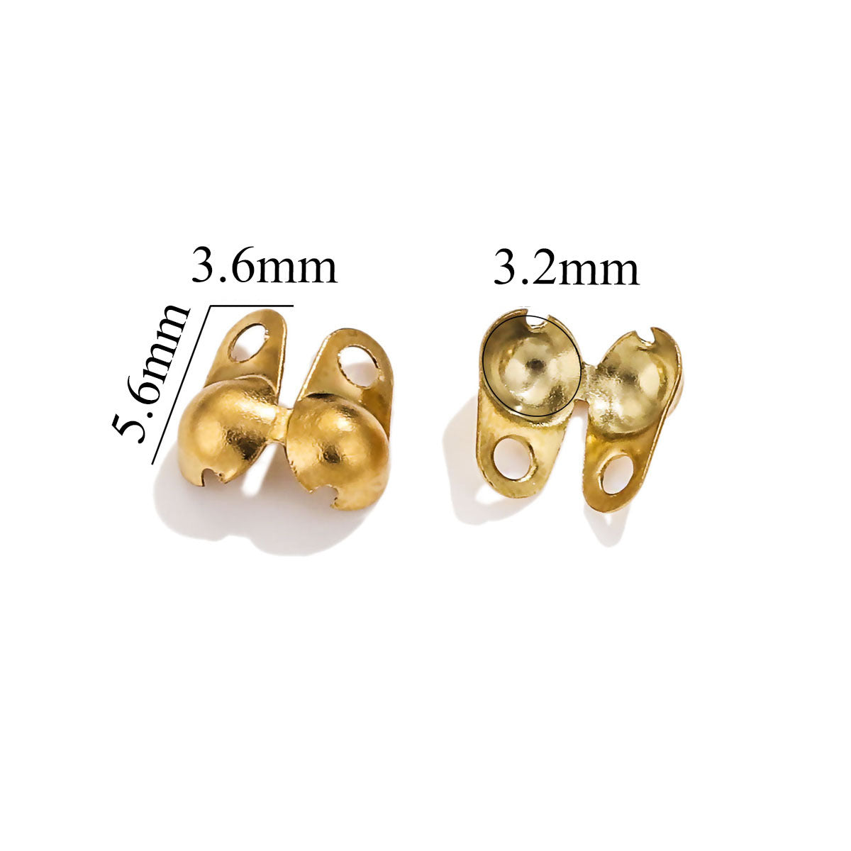 Two gold-toned ball chain connector clasps on white background with dimensions labeled 5.6mm, 3.6mm, 3.2mm
