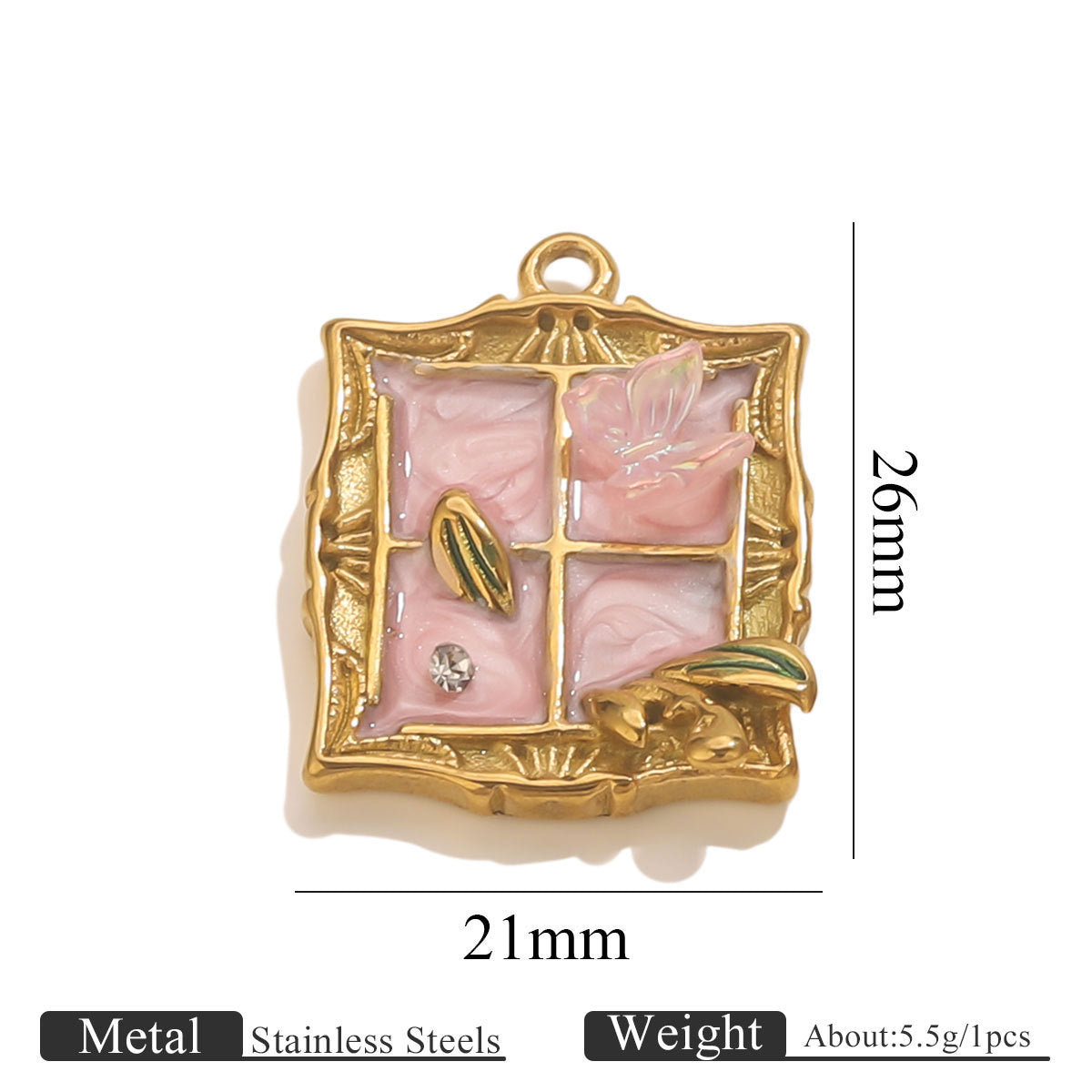 Stainless Steel Enamel Floral Faux Pearl Pendant Charm