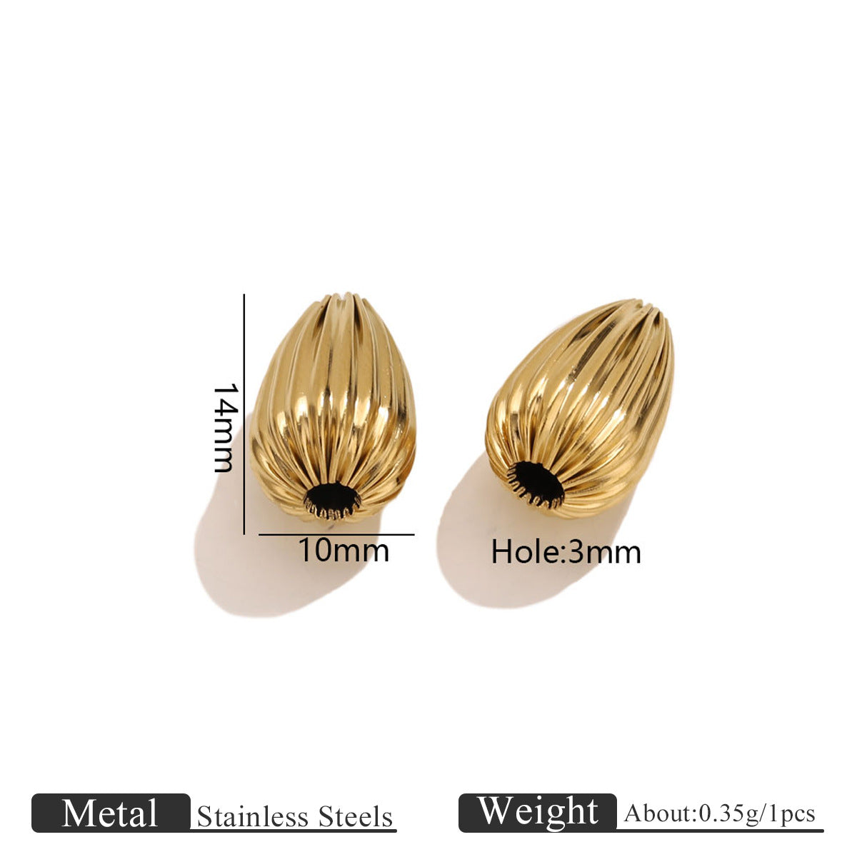 18K Gold-Plated Stainless Steel Ribbed Teardrop Spacer Beads 10pcs