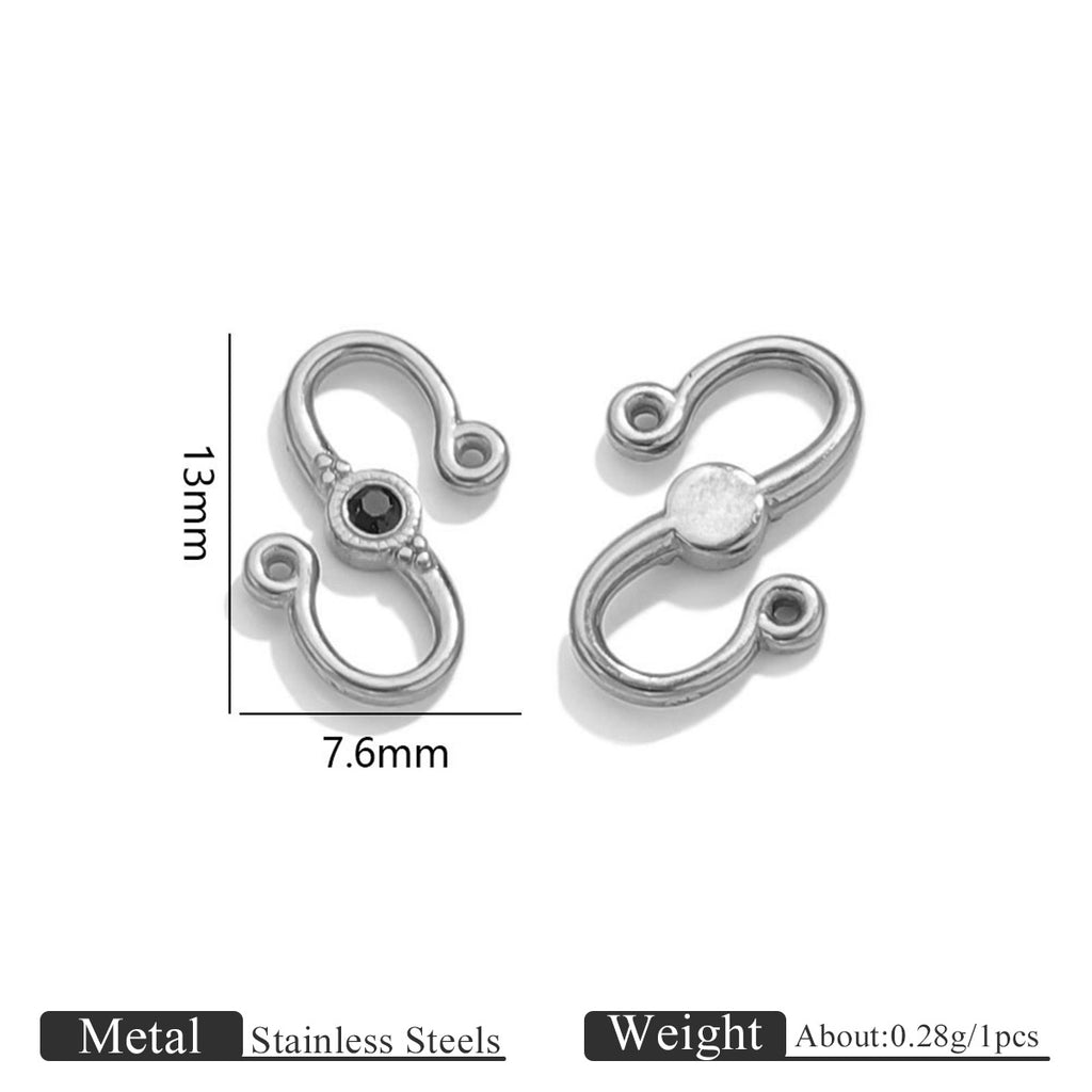 Two silver stainless steel S-hook clasps with black stone, front and back views with 13mm by 7.6mm dimensions