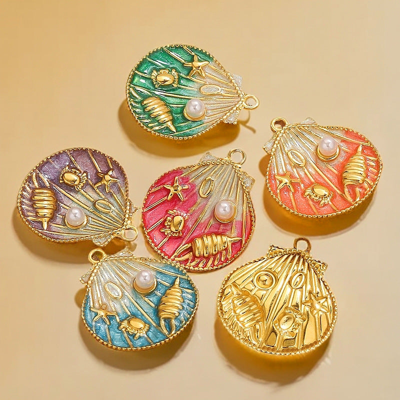 Vacuum-Plated Stainless Steel Gradient Enamel Seashell Pendant