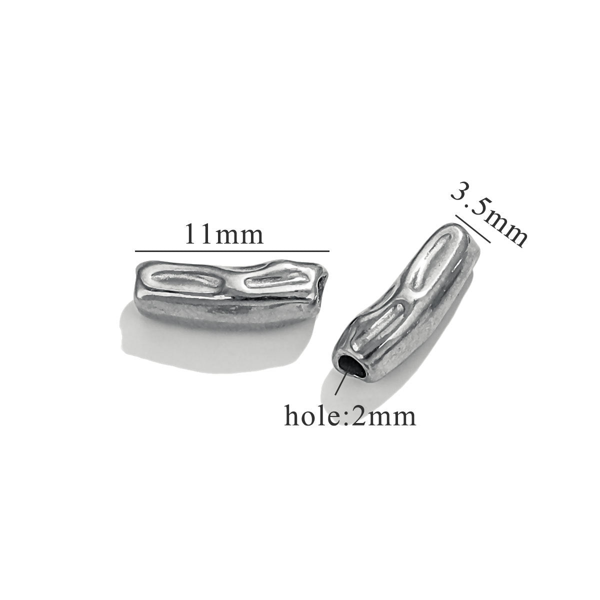 Two steel-color baroque irregular spacer beads with size measurements on white background