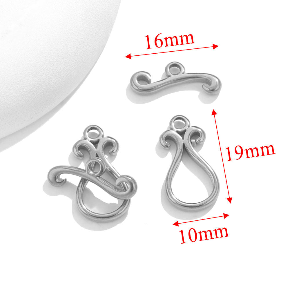 Steel scroll toggle clasps with red dimension arrows showing 16mm, 19mm, and 10mm on white background