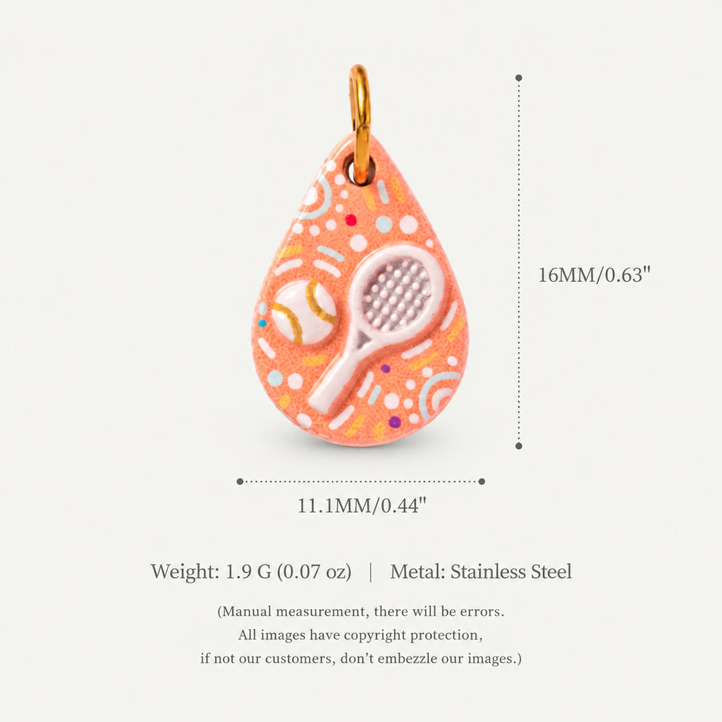 Teardrop peach-orange tennis charm pendant with racket and ball, shown with size measurements.