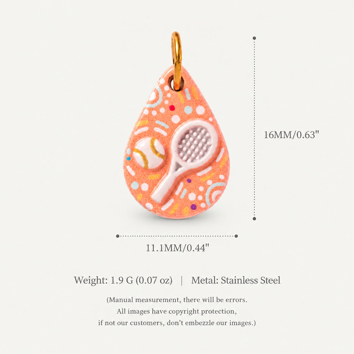 Teardrop peach-orange tennis charm pendant with racket and ball, shown with size measurements.