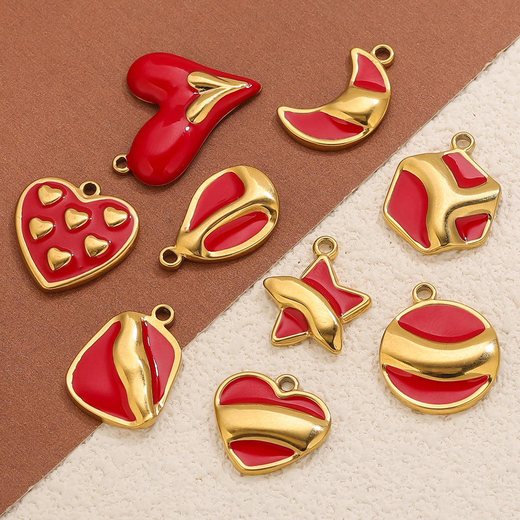 Stainless Steel Irregular Red Enamel Heart Pendant Charm