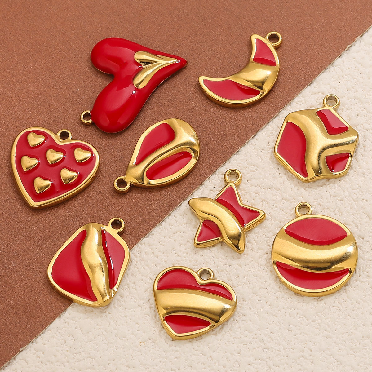 Stainless Steel Irregular Red Enamel Heart Pendant Charm