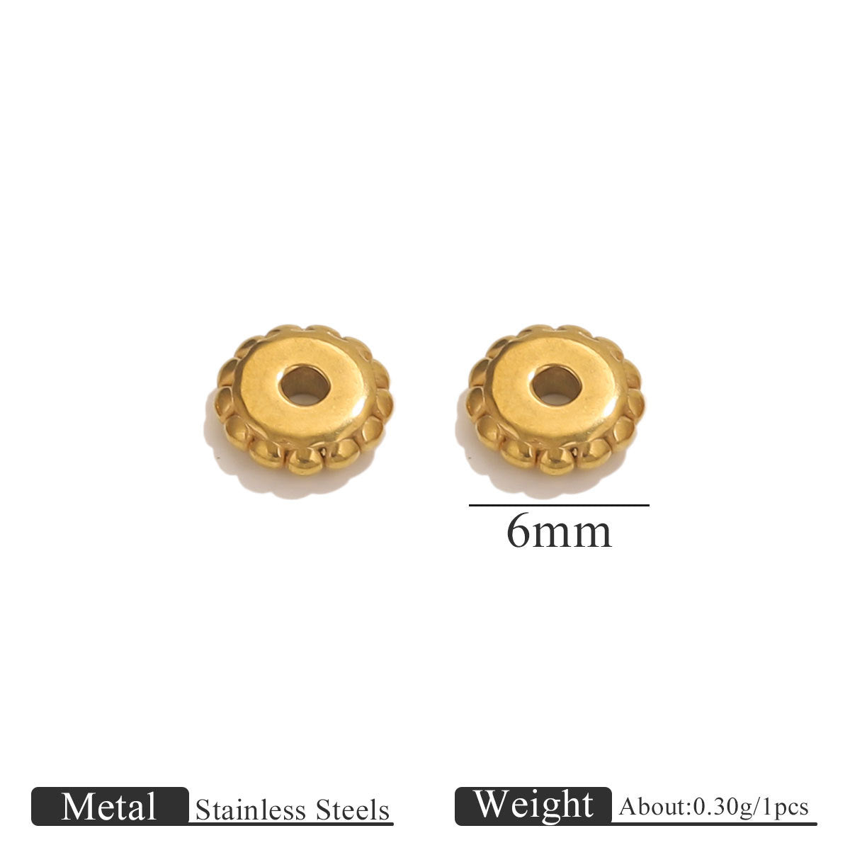 Two small gold-plated dotted gear wheel stainless steel spacer beads with 6mm size marker on white