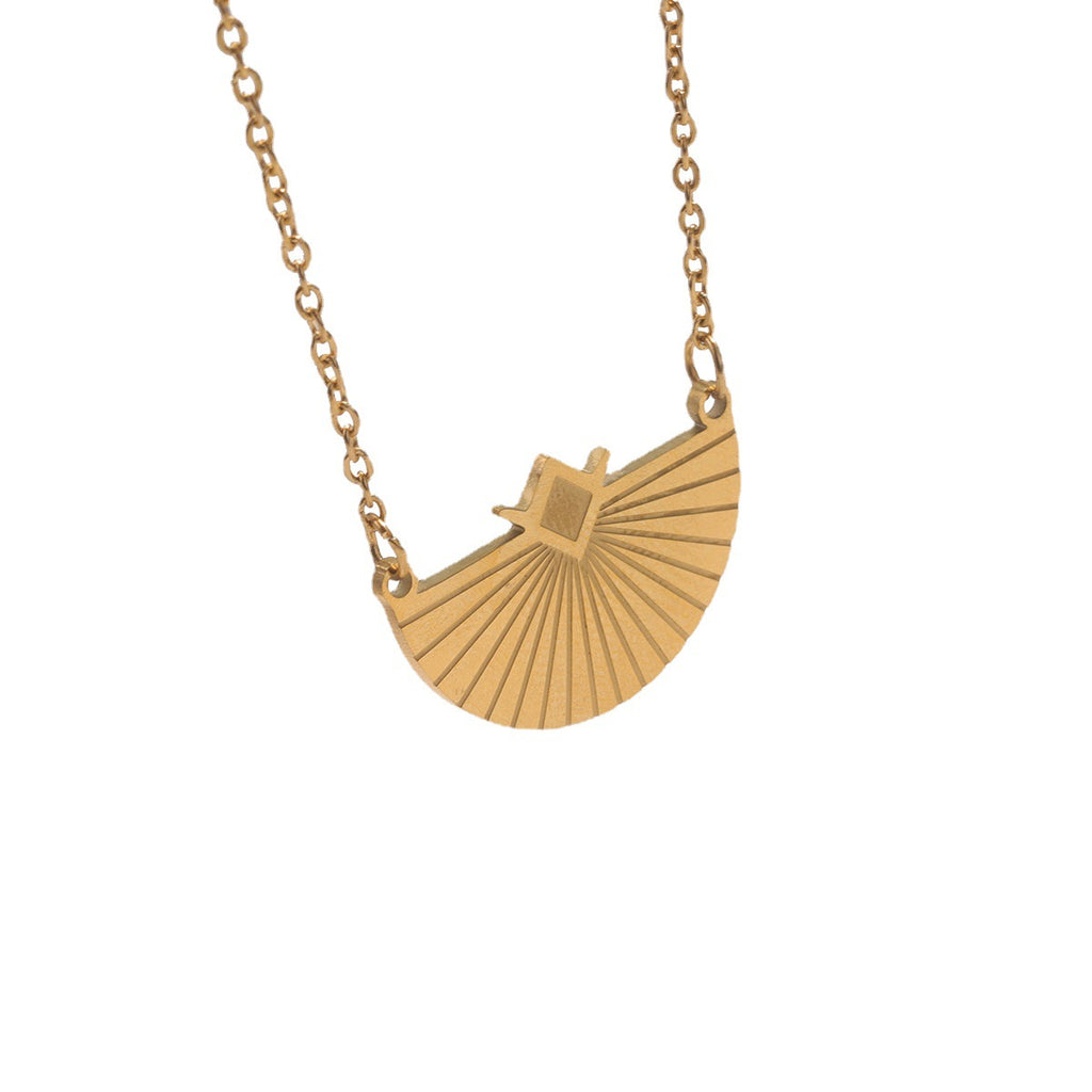 Gold-tone stainless steel fan-shaped pendant on a delicate chain, on white background