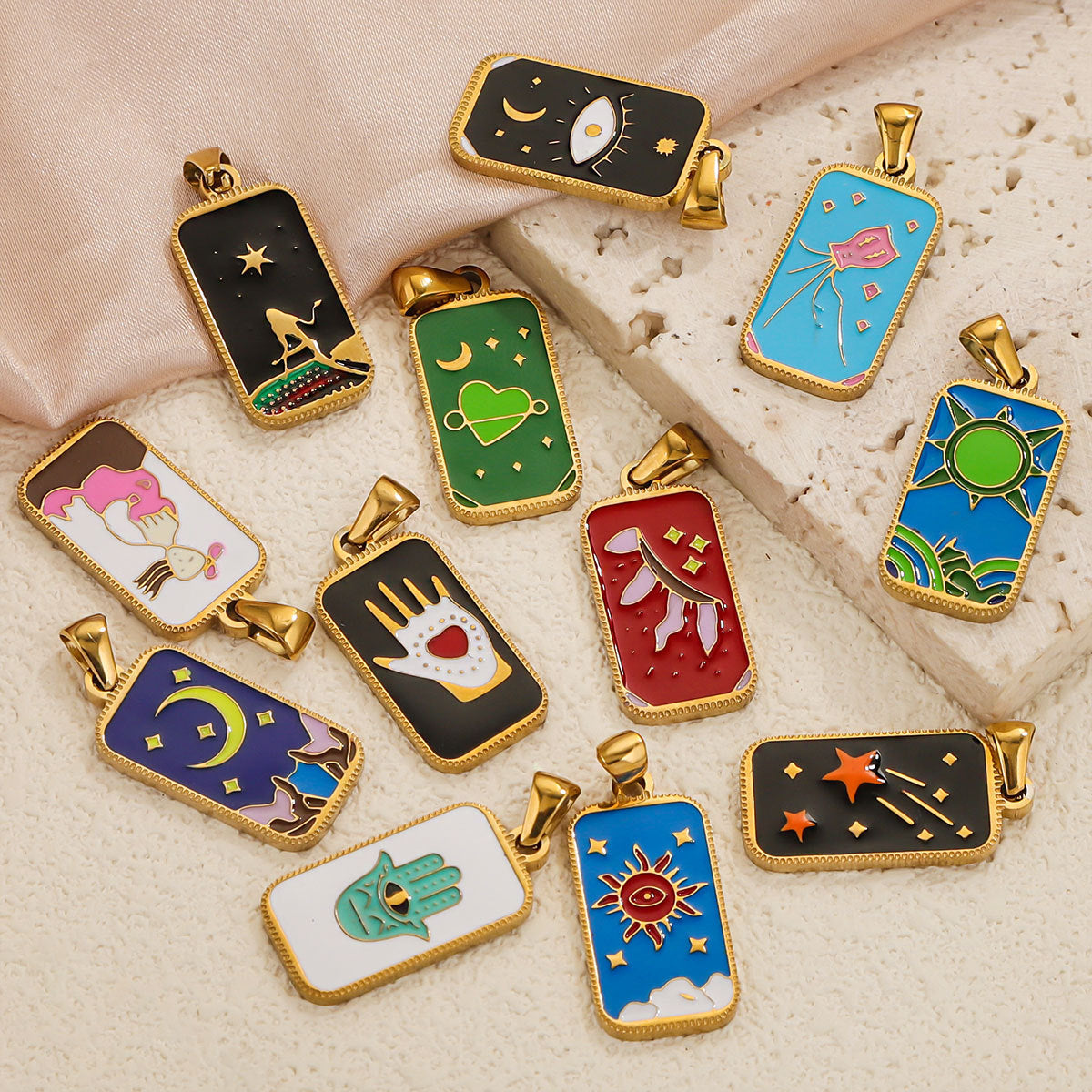 Stainless Steel Enamel Tarot Card Pendant Charms 5pcs