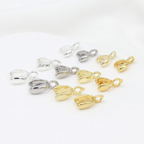 Gold-plated pinch bail pendant clasps in polished silver and gold finishes on a white background