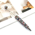 Silver metal ballpoint pen decorated with dense multicolor rhinestones and a matching rhinestone top