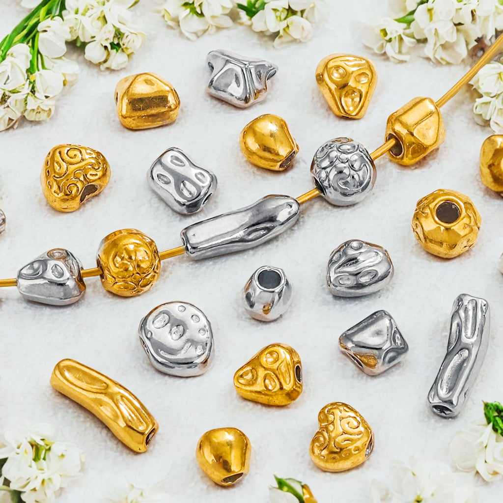 Baroque irregular stainless steel spacer beads in gold-plated and steel finishes with white flowers