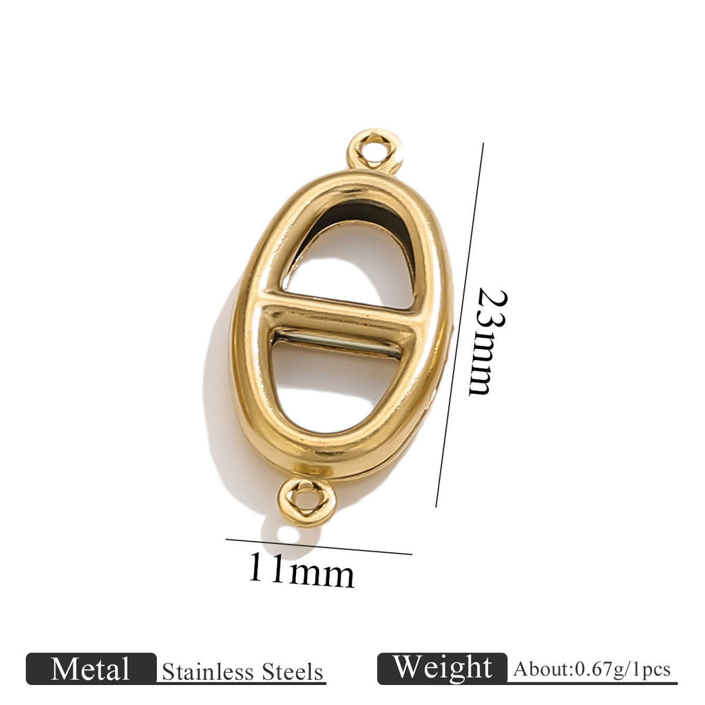 Gold-plated stainless steel double-hole hollow oval connector charm with 23mm by 11mm size dimensions on white background
