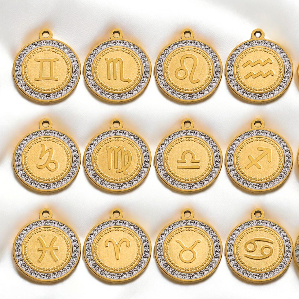 18K Gold-Plated Round Zodiac Constellation Pendant Charms – 12 Signs