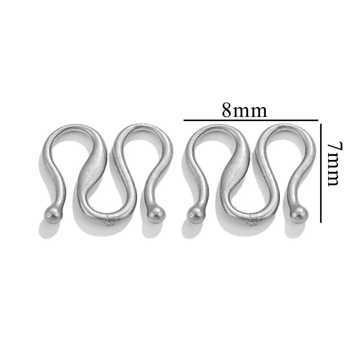 Four silver S-shaped hook clasps in two pairs with 8mm by 7mm measurements, white background.