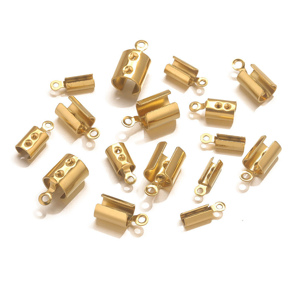 A set of small gold-tone barrel cord-end connectors with loop ends arranged on a plain white background