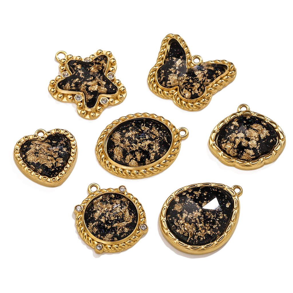 Vintage Black and Gold Foil Stainless Steel Pendant Charms – Butterfly, Star & Heart