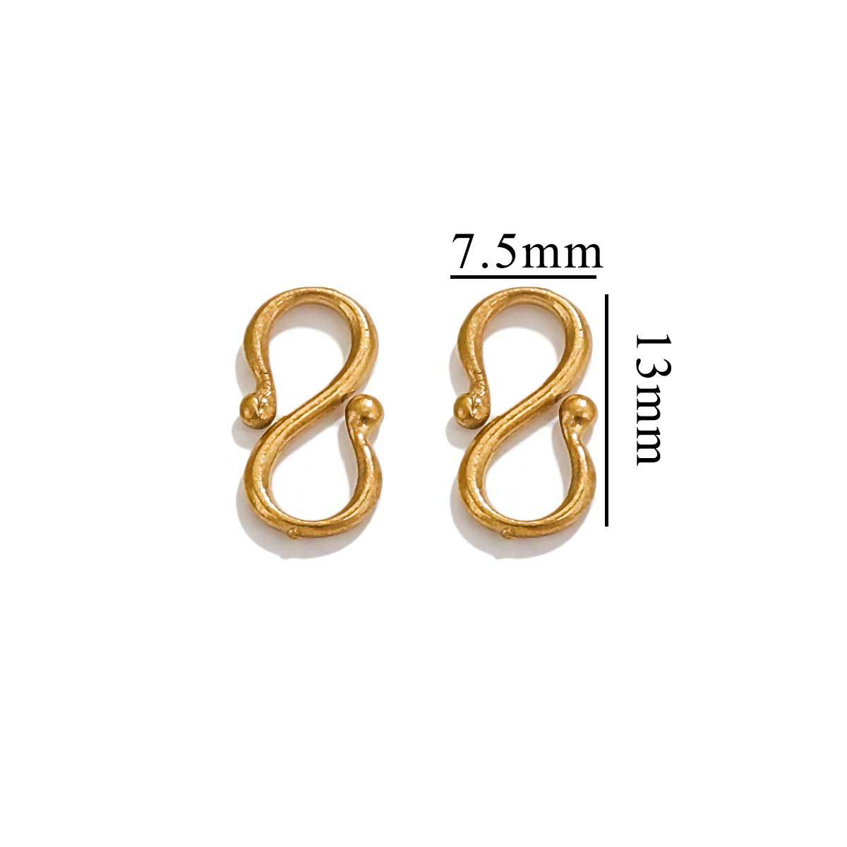 Two gold S-shaped hook clasps with 7.5mm by 13mm measurements on a white background.