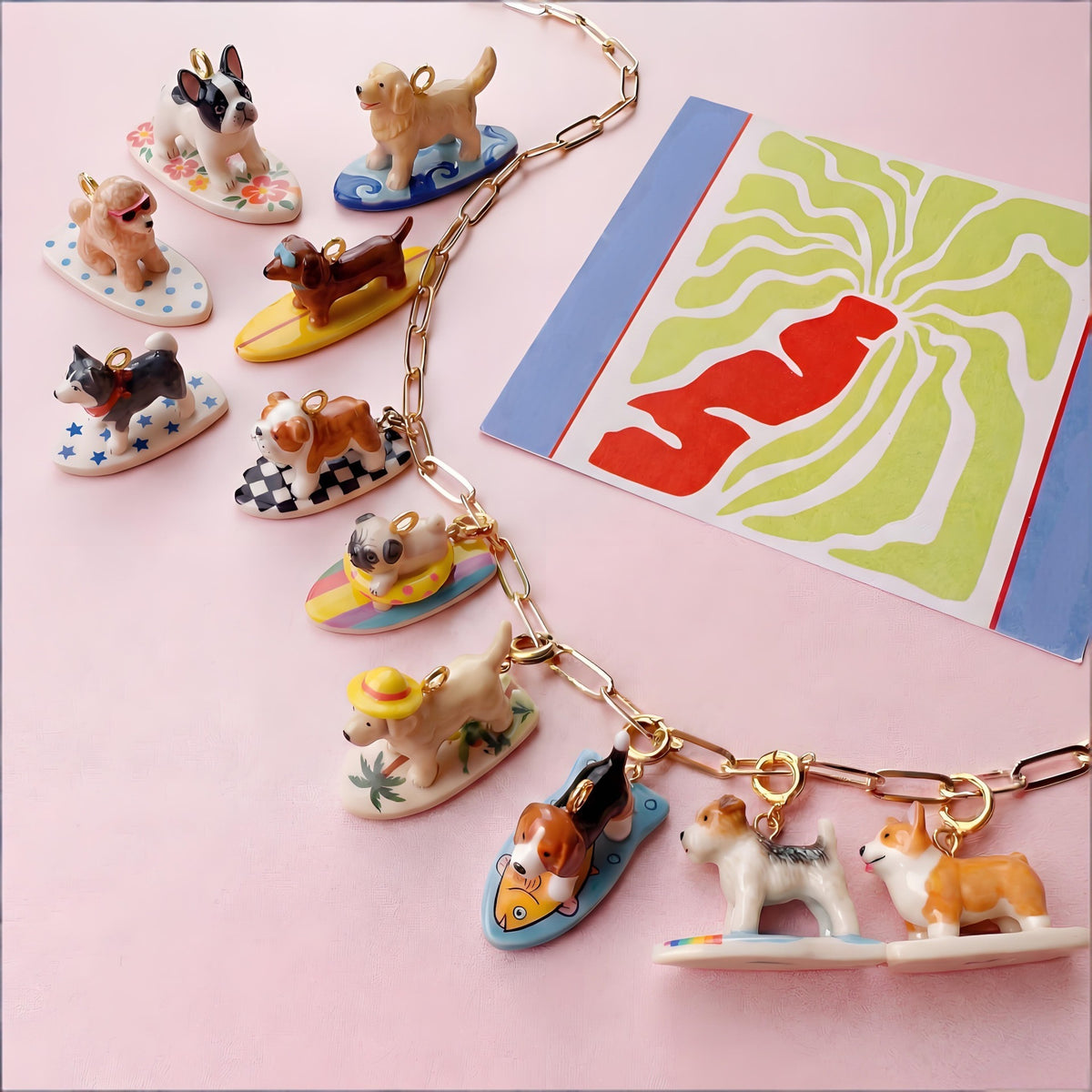 18K Gold-Plated Seaside Surfing Dog Pendant Charms