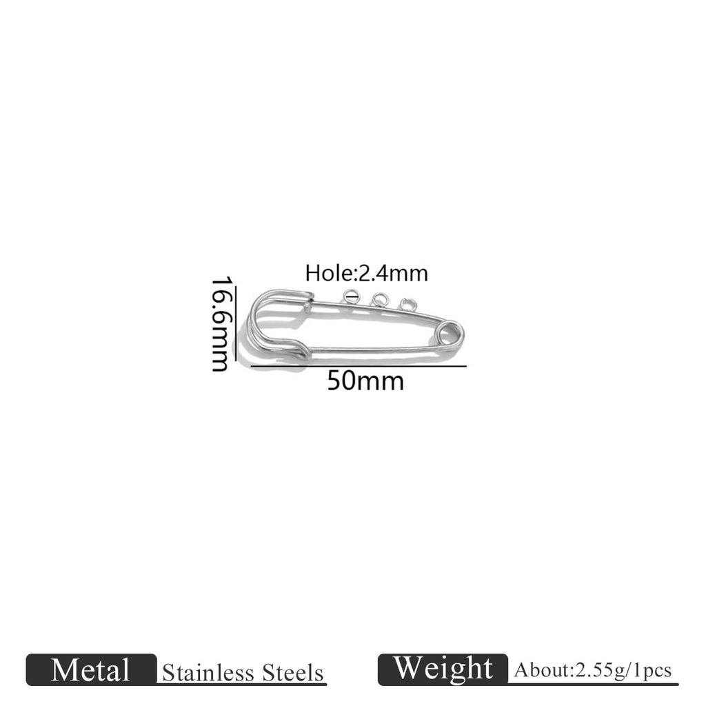 Stainless steel safety pin jewelry finding with 50mm length and 16.6mm height markings on a white background