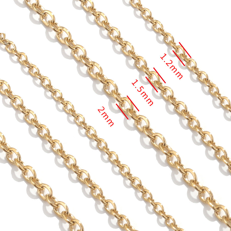 Gold chain links shown diagonally on a white background with red measurement labels indicating link sizes of 1.2mm, 1.