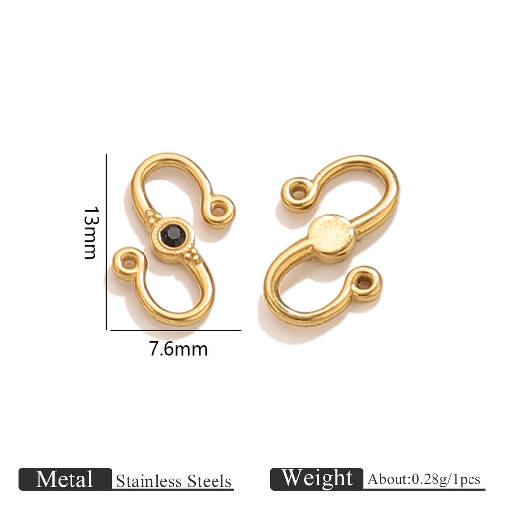 Two gold stainless steel S-hook clasps, front and back views, with 13mm by 7.6mm dimensions