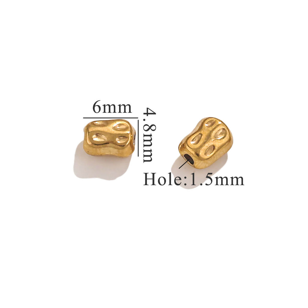 Two gold-plated baroque irregular spacer beads with size measurements on white background