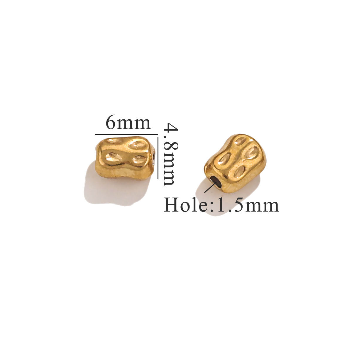 Two gold-plated baroque irregular spacer beads with size measurements on white background