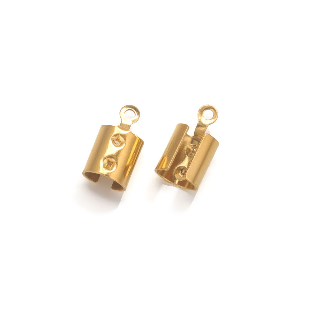 Two gold-tone barrel cord-end connectors with loop ends on a clean white background