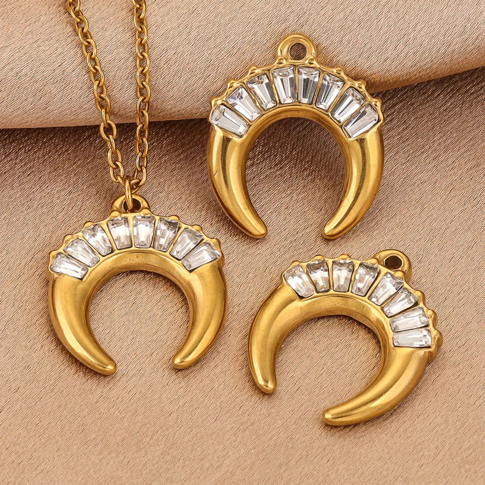 18K Gold-Plated Stainless Steel Zircon Crescent Moon Pendant 2pcs