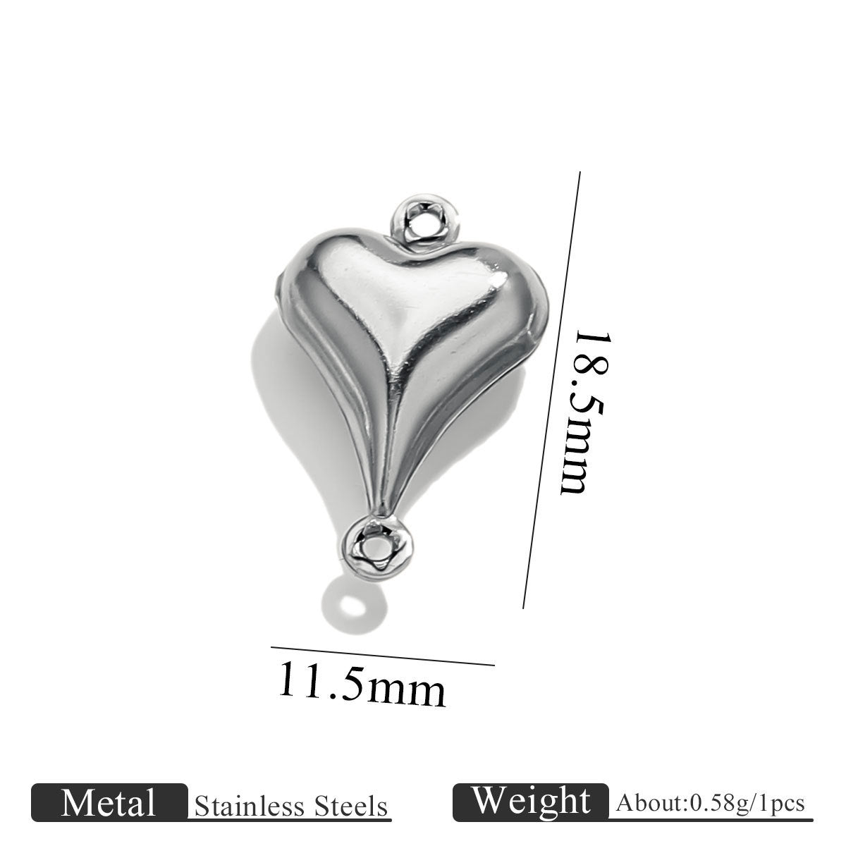 Stainless steel double-hole hollow long peach heart connector charm with size dimensions on white background