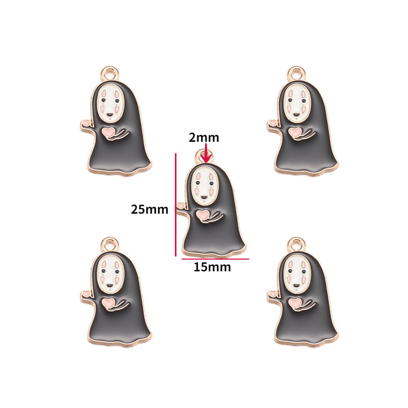 Five black enamel ghost-shaped alloy charms with pale faces and pink hearts, 25x15mm
