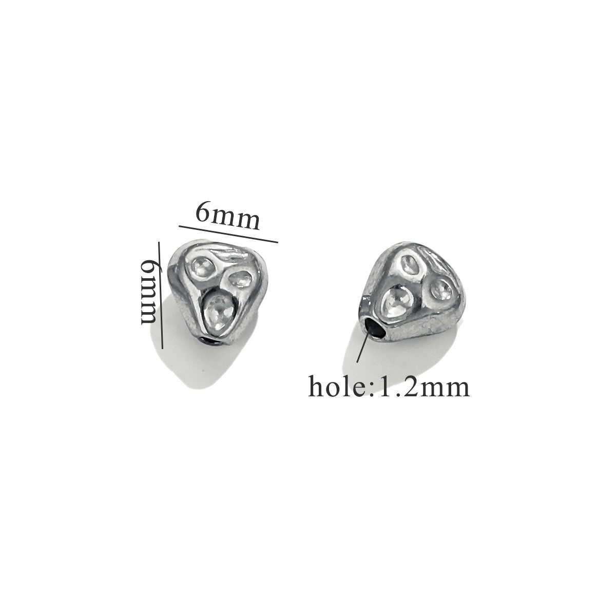 Steel-color baroque irregular spacer beads with size measurements on white background