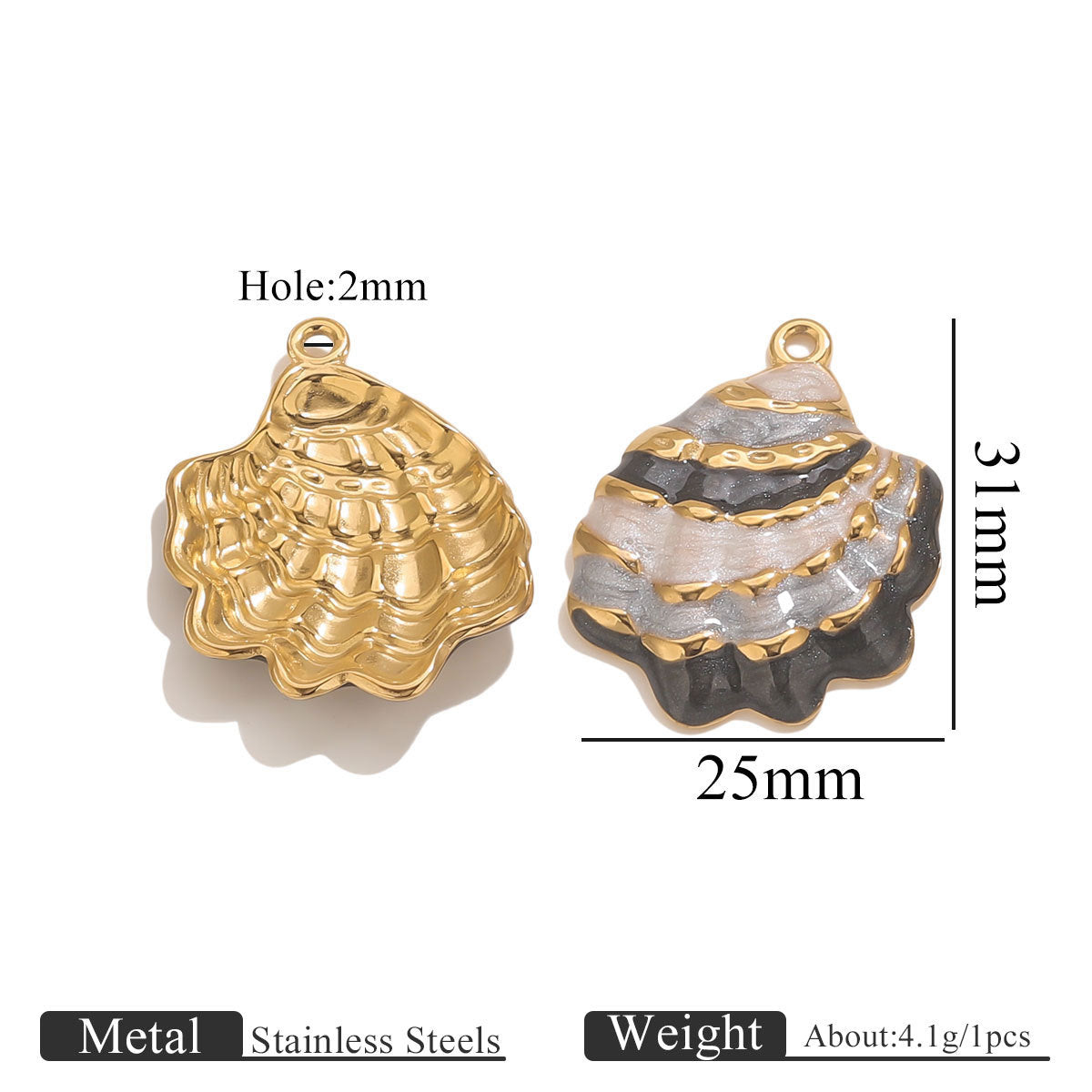 18K Gold-Plated Stainless Steel Enamel Seashell Pendant Charm 2pcs