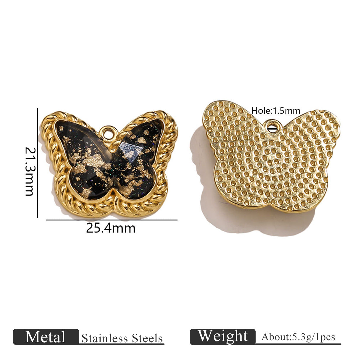 Vintage Black and Gold Foil Stainless Steel Pendant Charms – Butterfly, Star & Heart